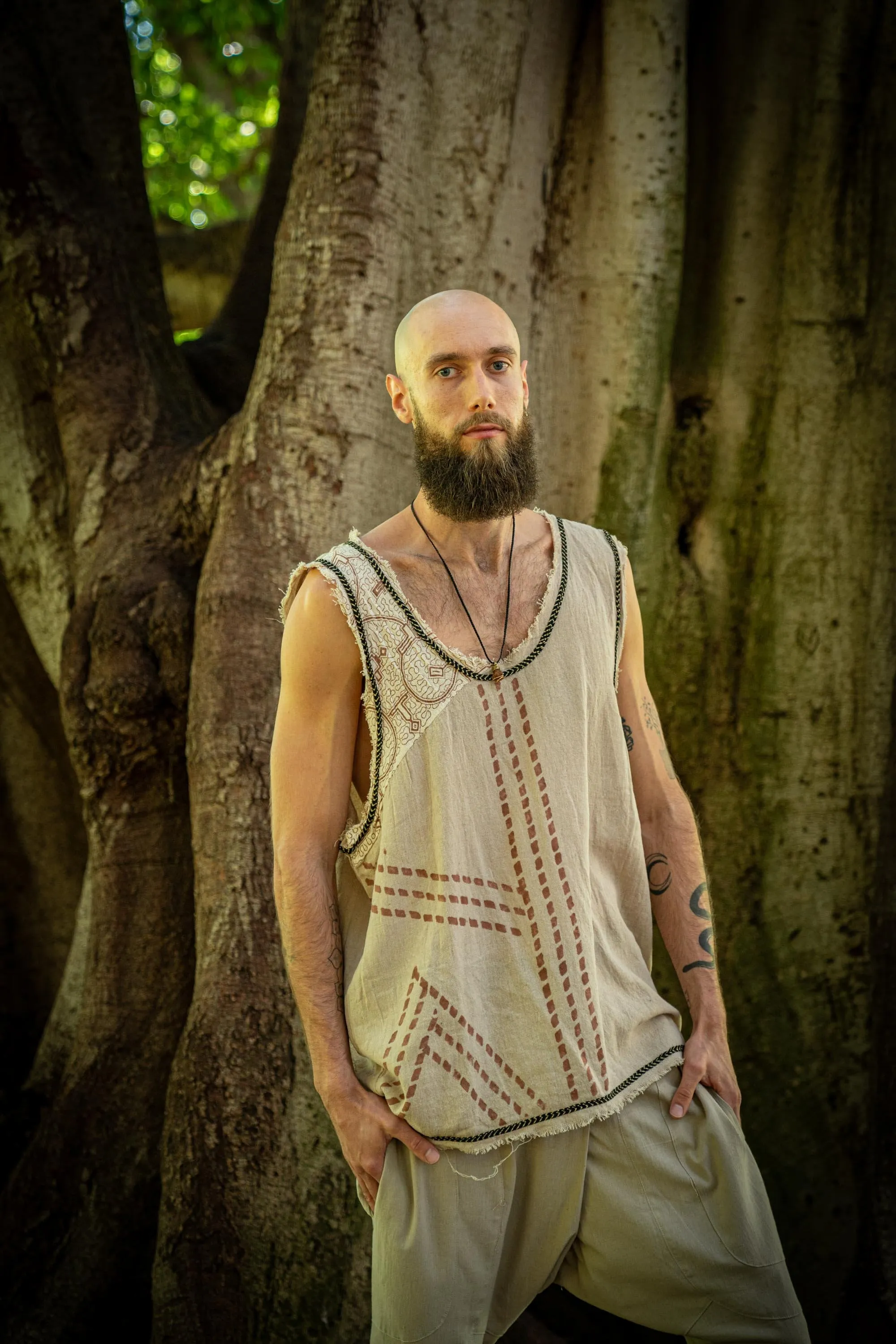 MUKTI Mens Beige Sleeveless Tank Top Shipibo and Block Print combo on cotton gypsy festival shirt ethnic eclectic Tribal breathable AJJAYA