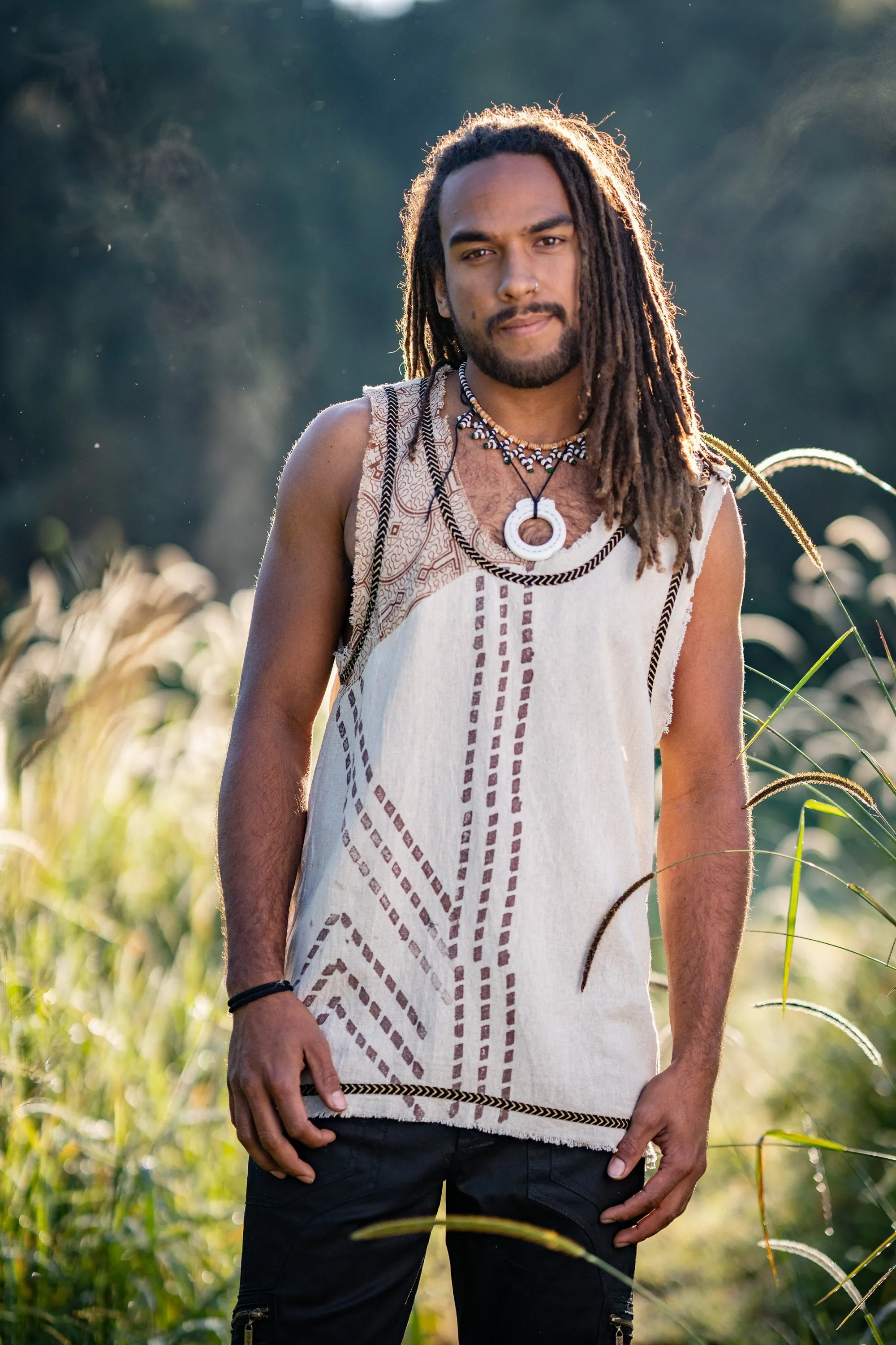 MUKTI Mens Beige Sleeveless Tank Top Shipibo and Block Print combo on cotton gypsy festival shirt ethnic eclectic Tribal breathable AJJAYA