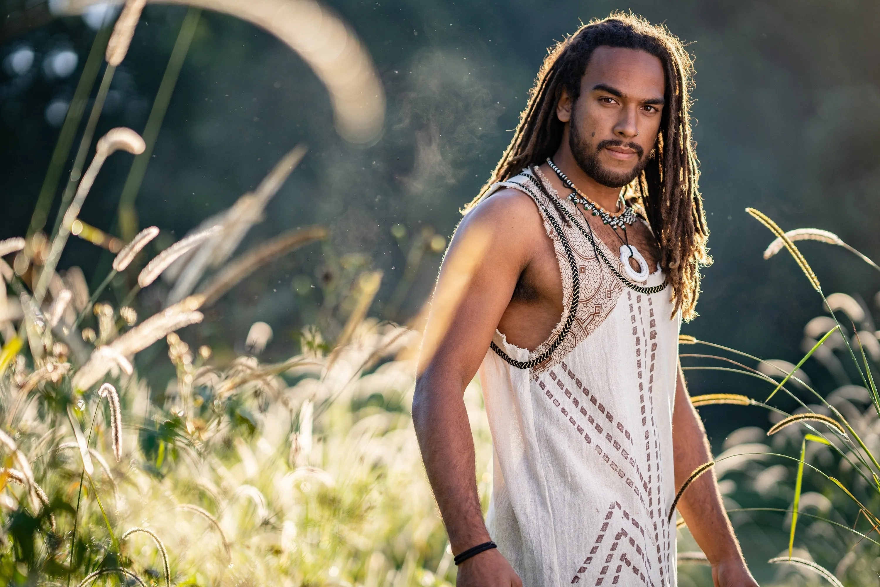 MUKTI Mens Beige Sleeveless Tank Top Shipibo and Block Print combo on cotton gypsy festival shirt ethnic eclectic Tribal breathable AJJAYA