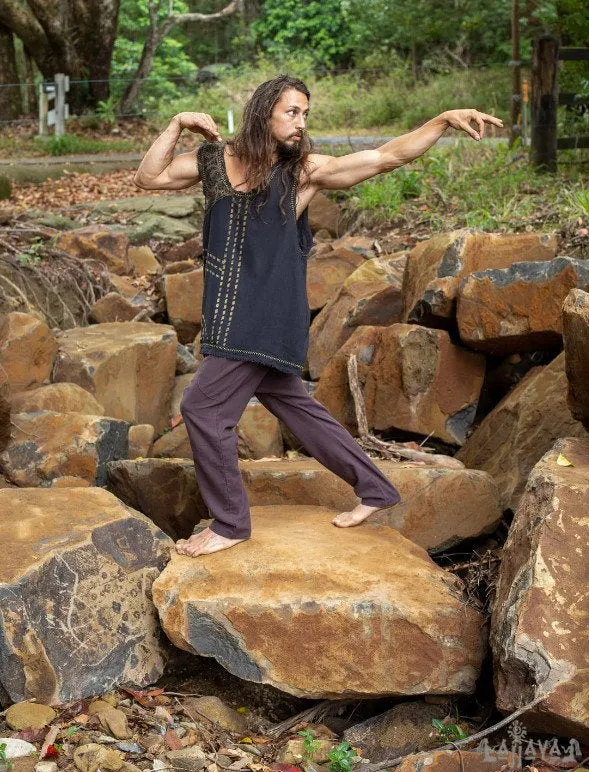 MUKTI Mens Beige Sleeveless Tank Top Shipibo and Block Print combo on cotton gypsy festival shirt ethnic eclectic Tribal breathable AJJAYA