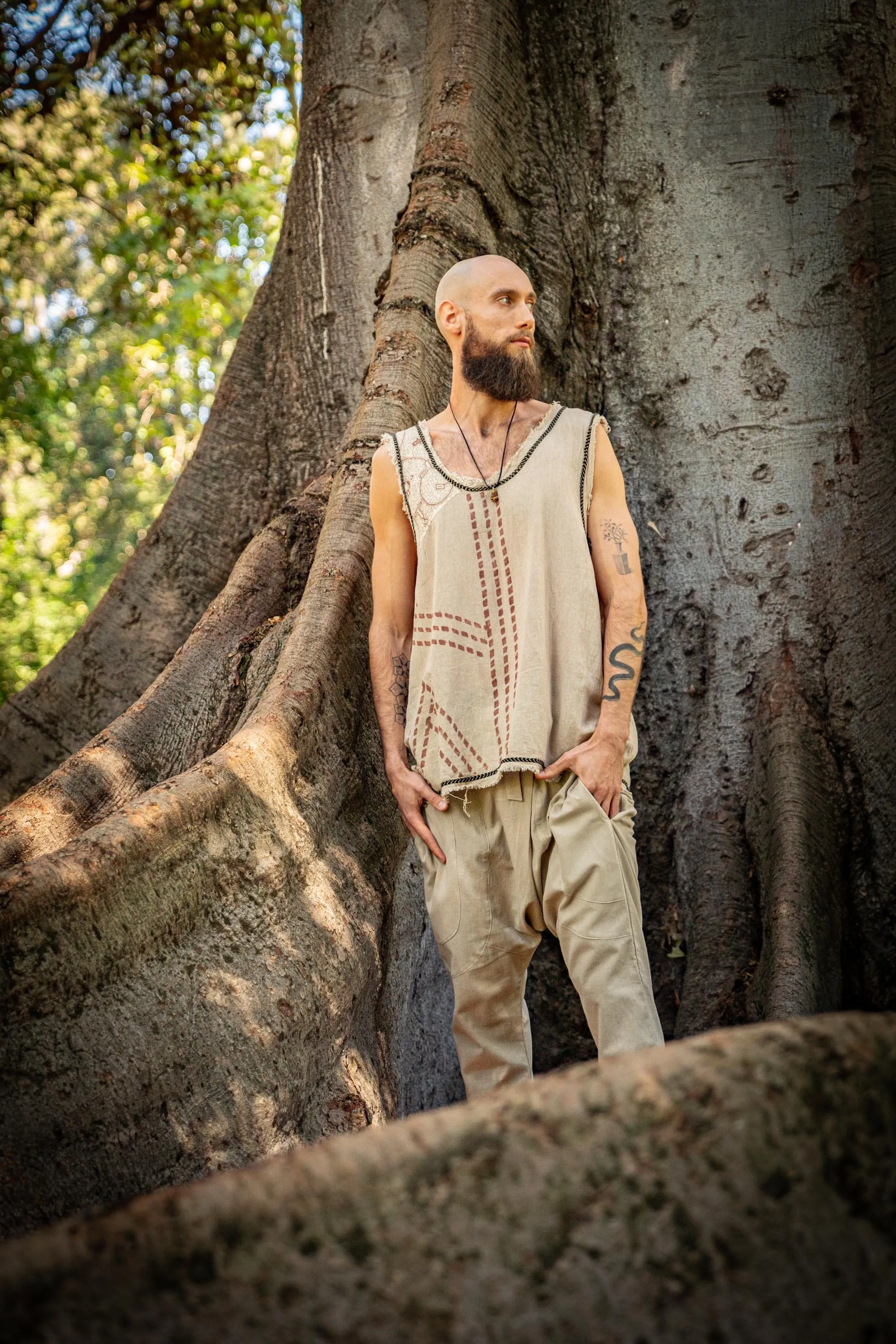 MUKTI Mens Beige Sleeveless Tank Top Shipibo and Block Print combo on cotton gypsy festival shirt ethnic eclectic Tribal breathable AJJAYA