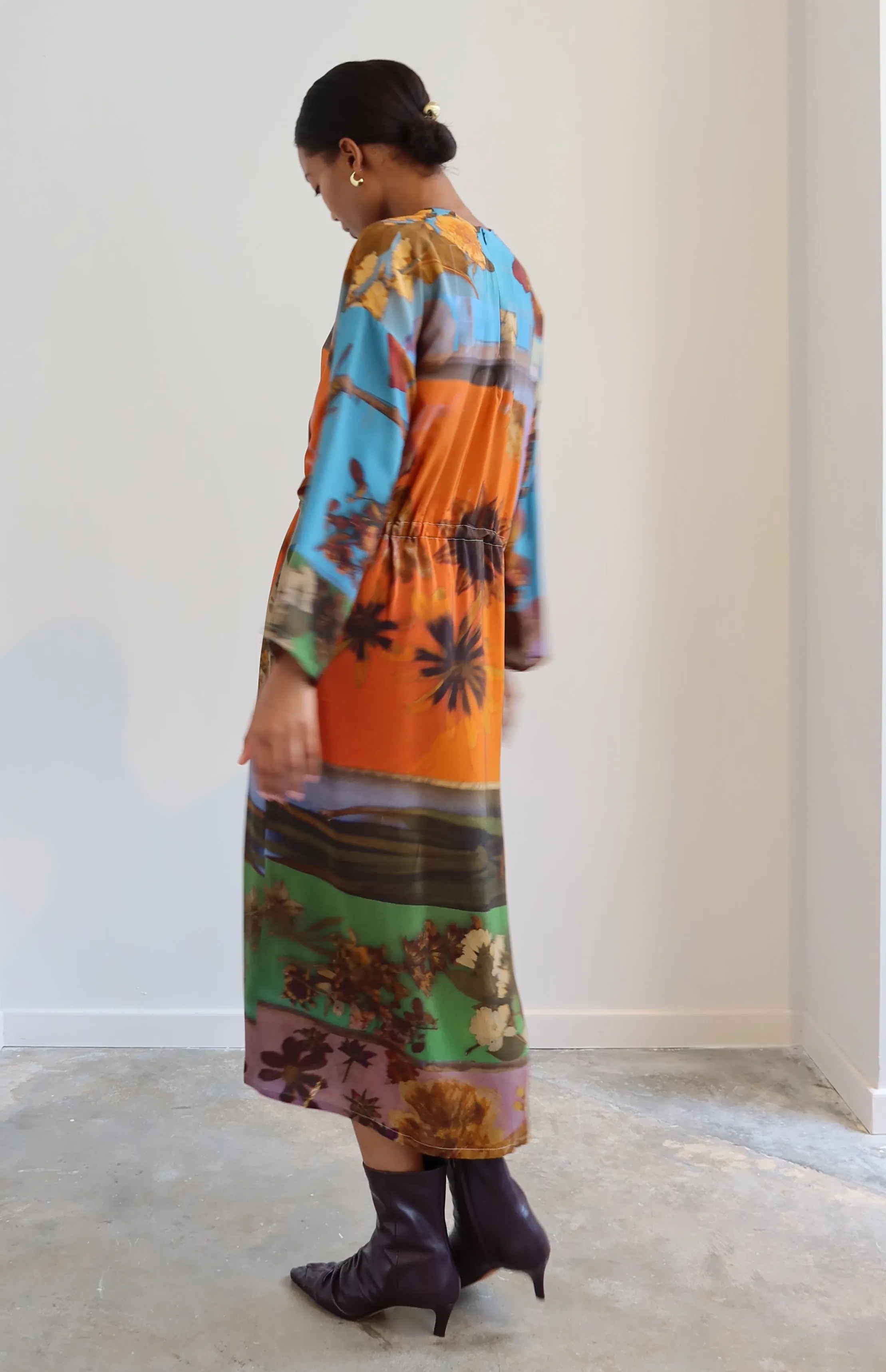 Multicolored Patterned Organic Silk Midi Dress