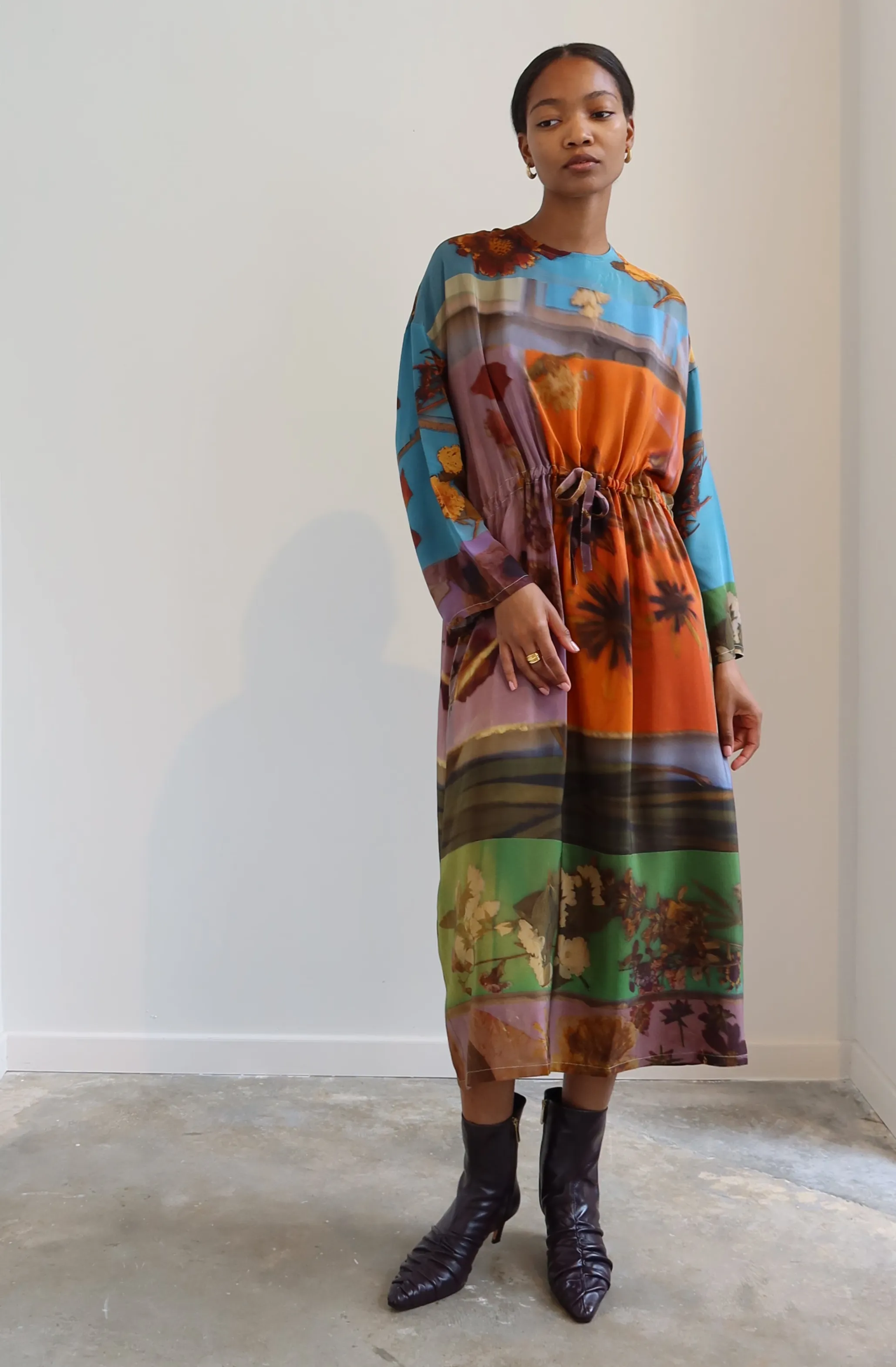 Multicolored Patterned Organic Silk Midi Dress