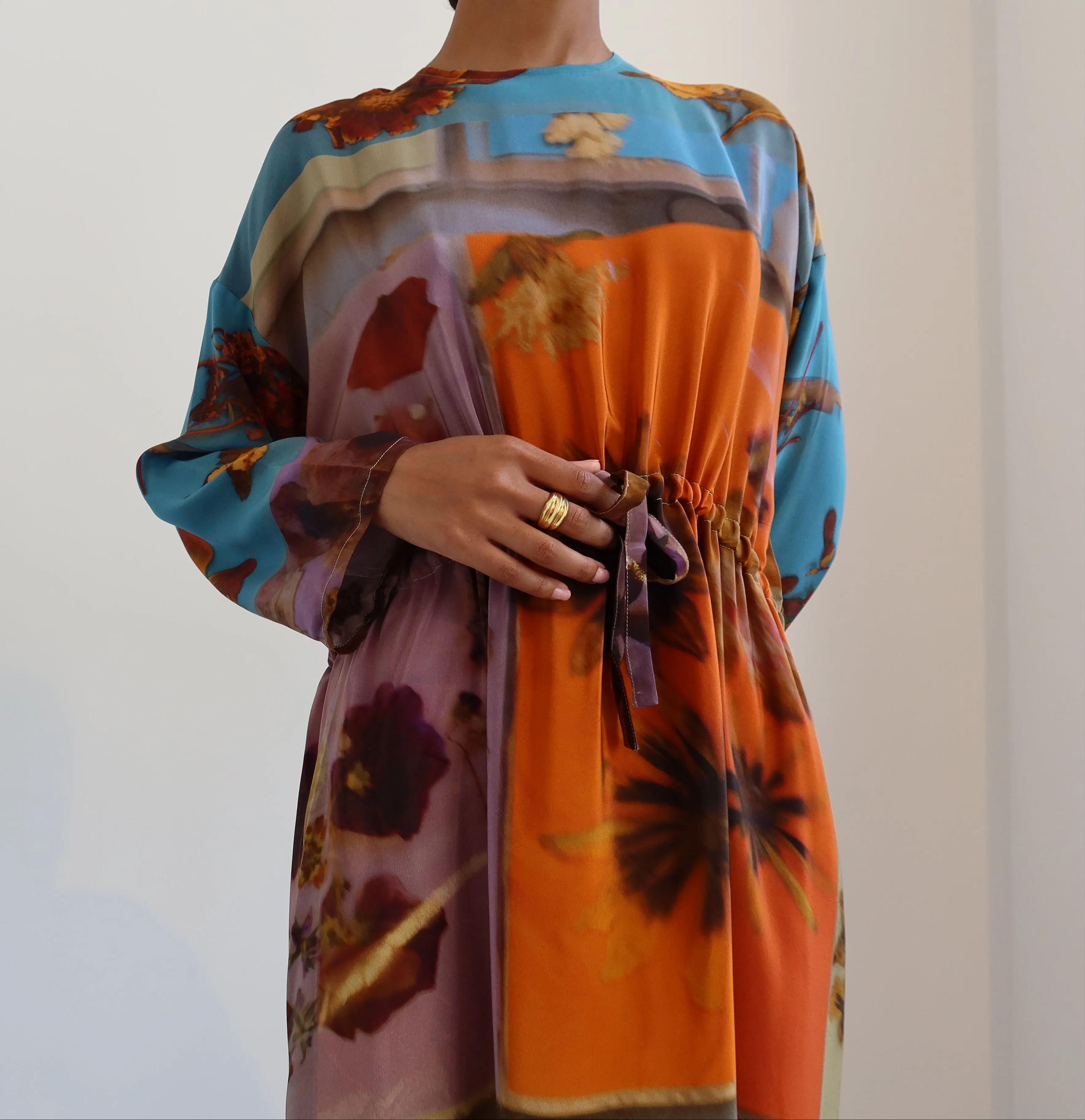 Multicolored Patterned Organic Silk Midi Dress