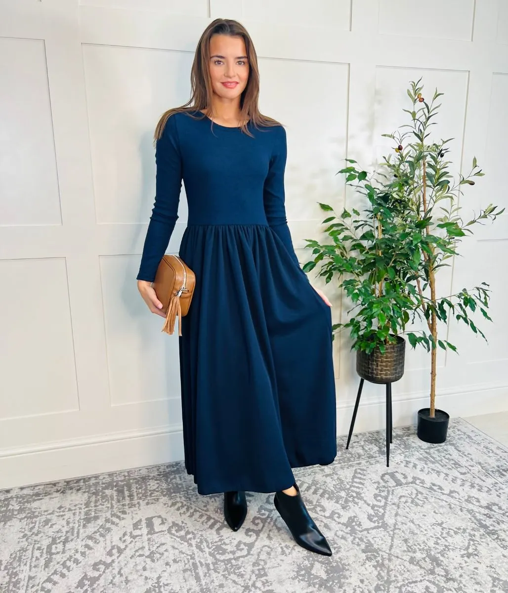 Navy Knitted Bodice Midi Dress