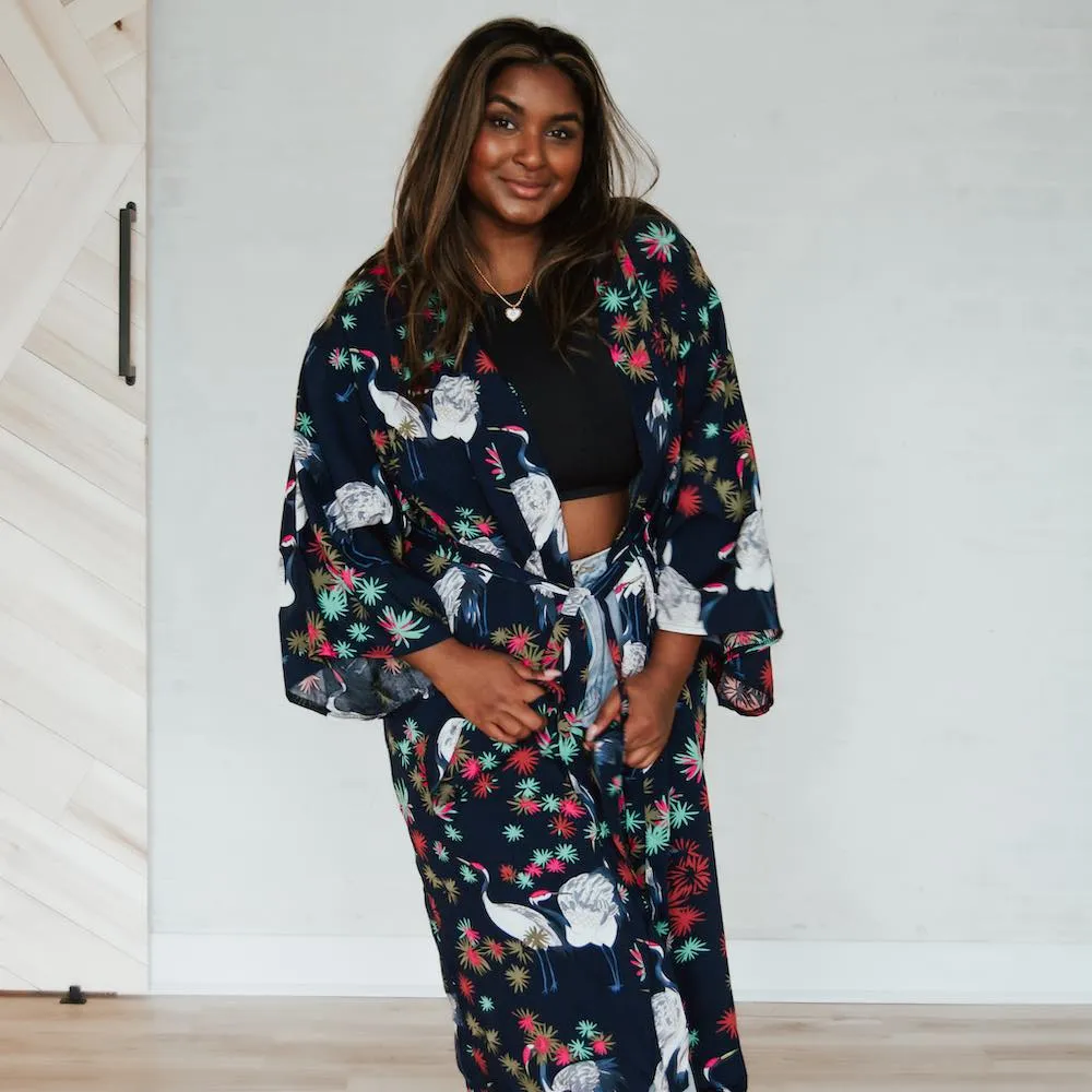 Navy Tropical Birds Tie Front Kimono