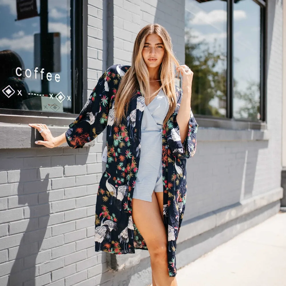 Navy Tropical Birds Tie Front Kimono