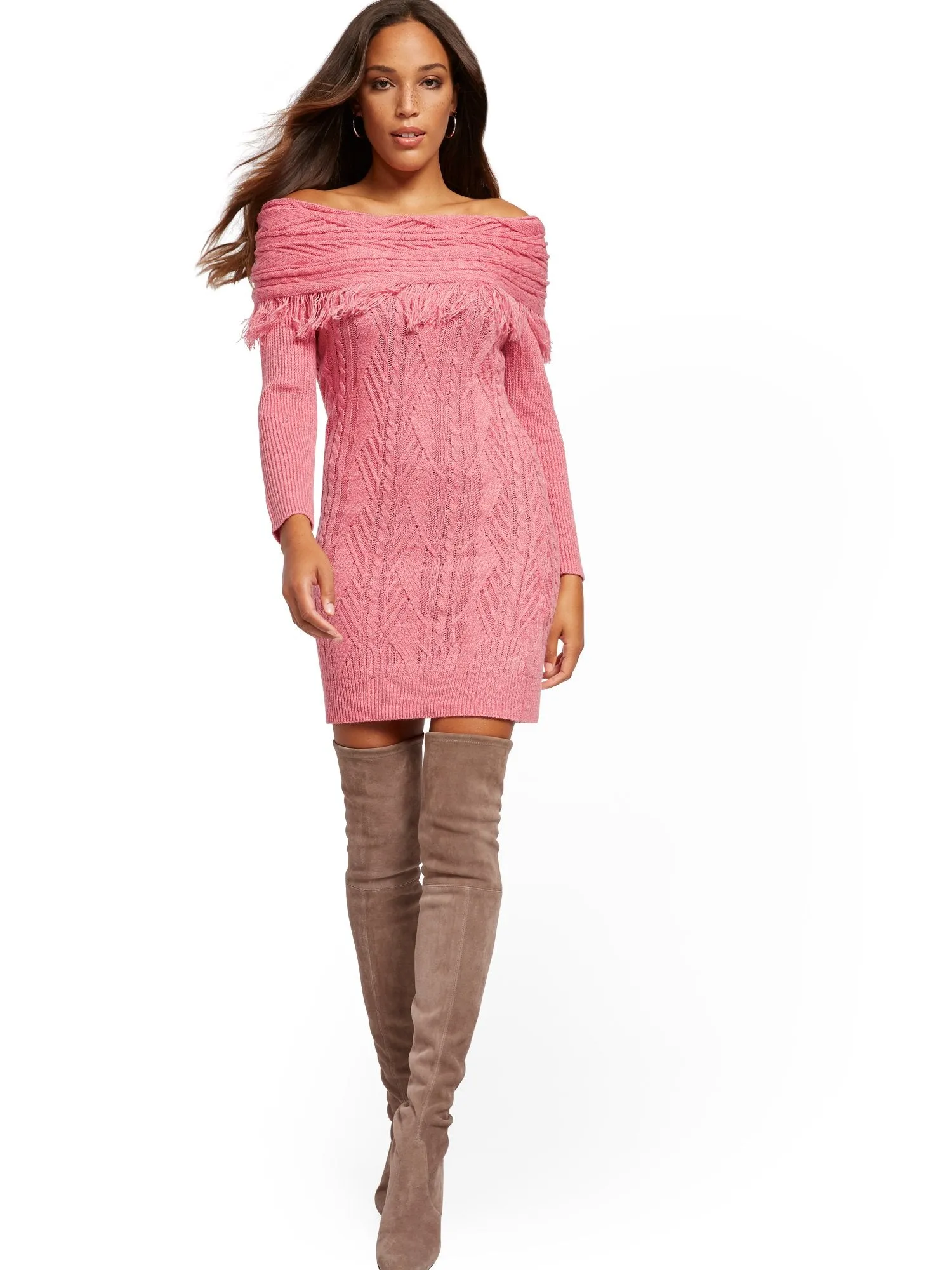 Off-The-Shoulder Fringe Sweater Sheath Dress