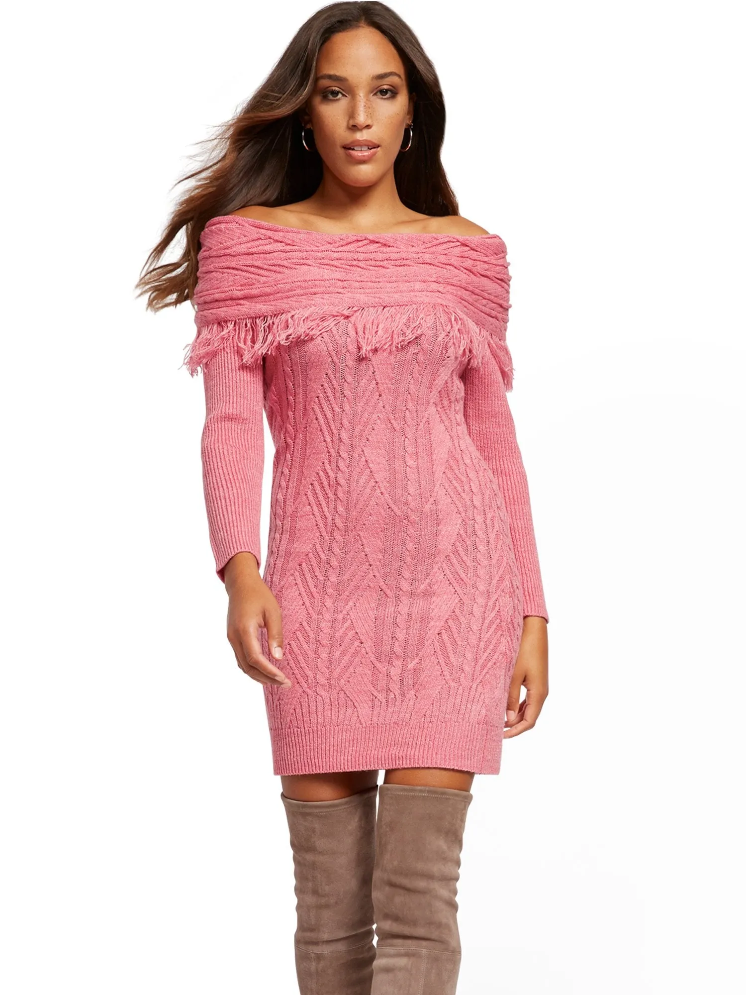 Off-The-Shoulder Fringe Sweater Sheath Dress