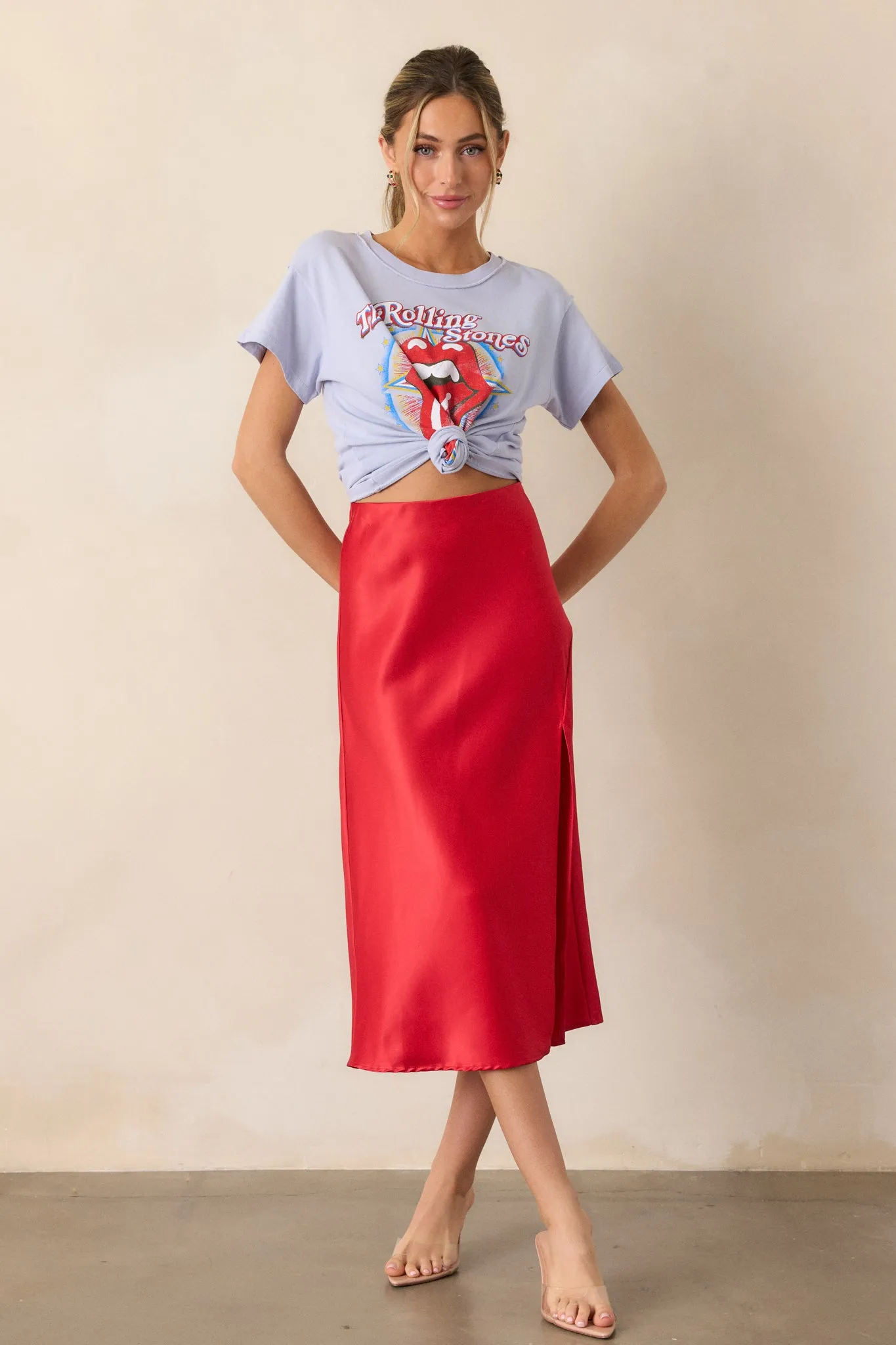 Park Avenue Glam Red Satin Midi Skirt