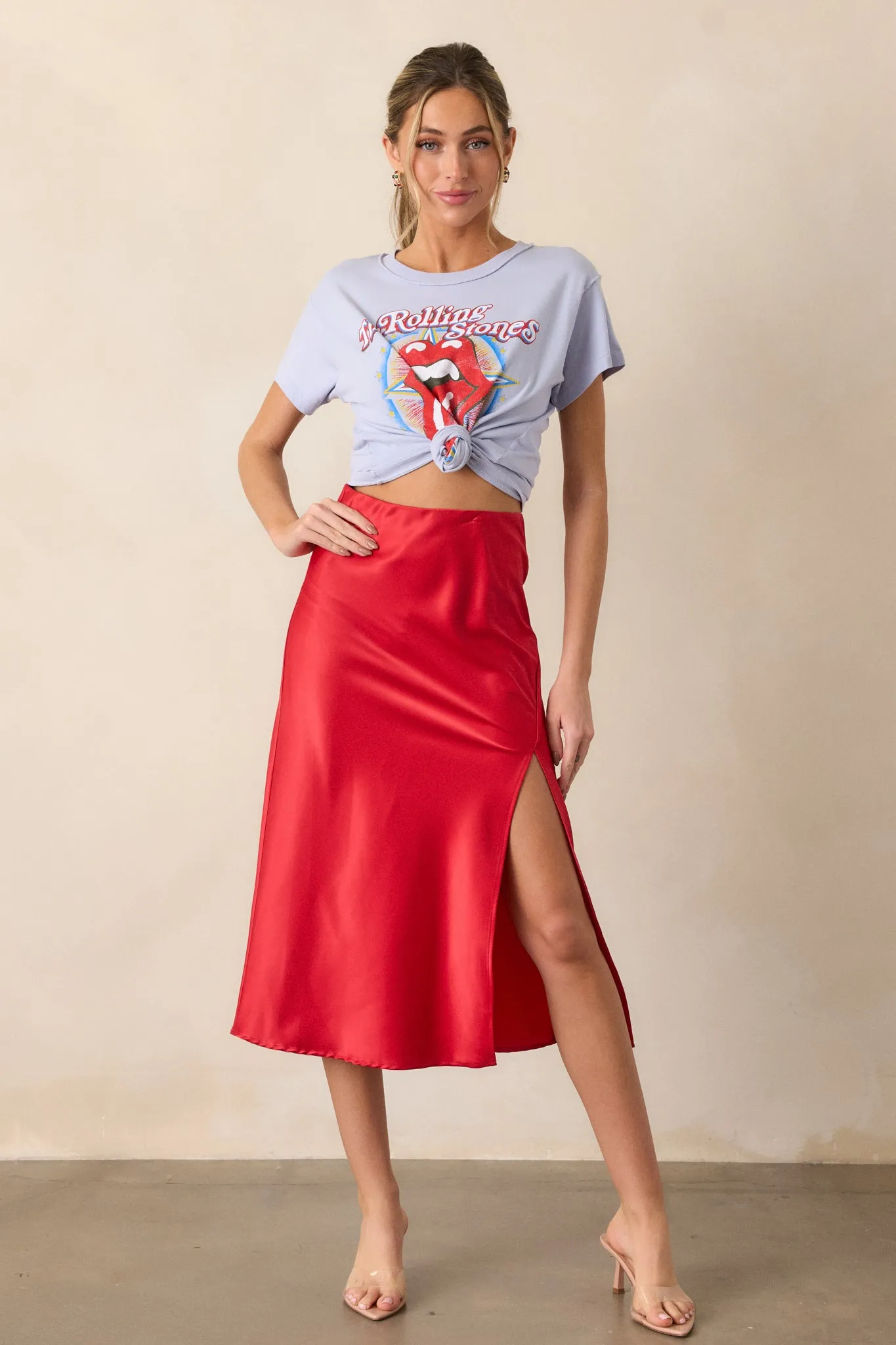 Park Avenue Glam Red Satin Midi Skirt