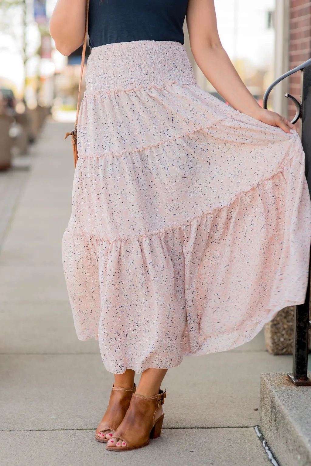 Patterned Tiered Midi Skirt