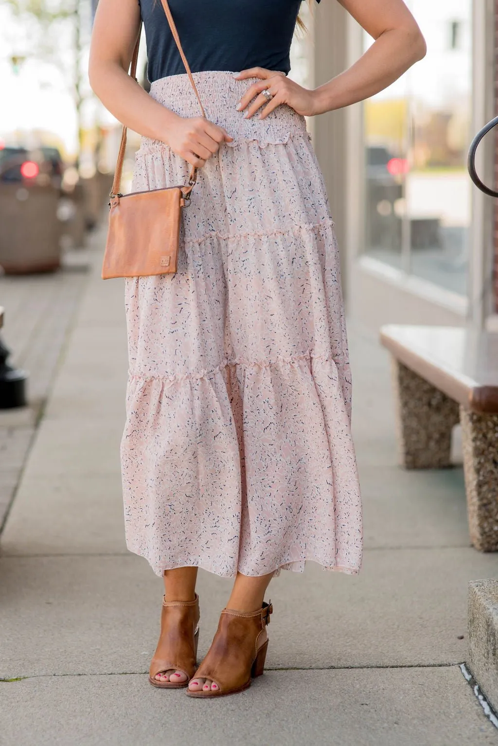 Patterned Tiered Midi Skirt