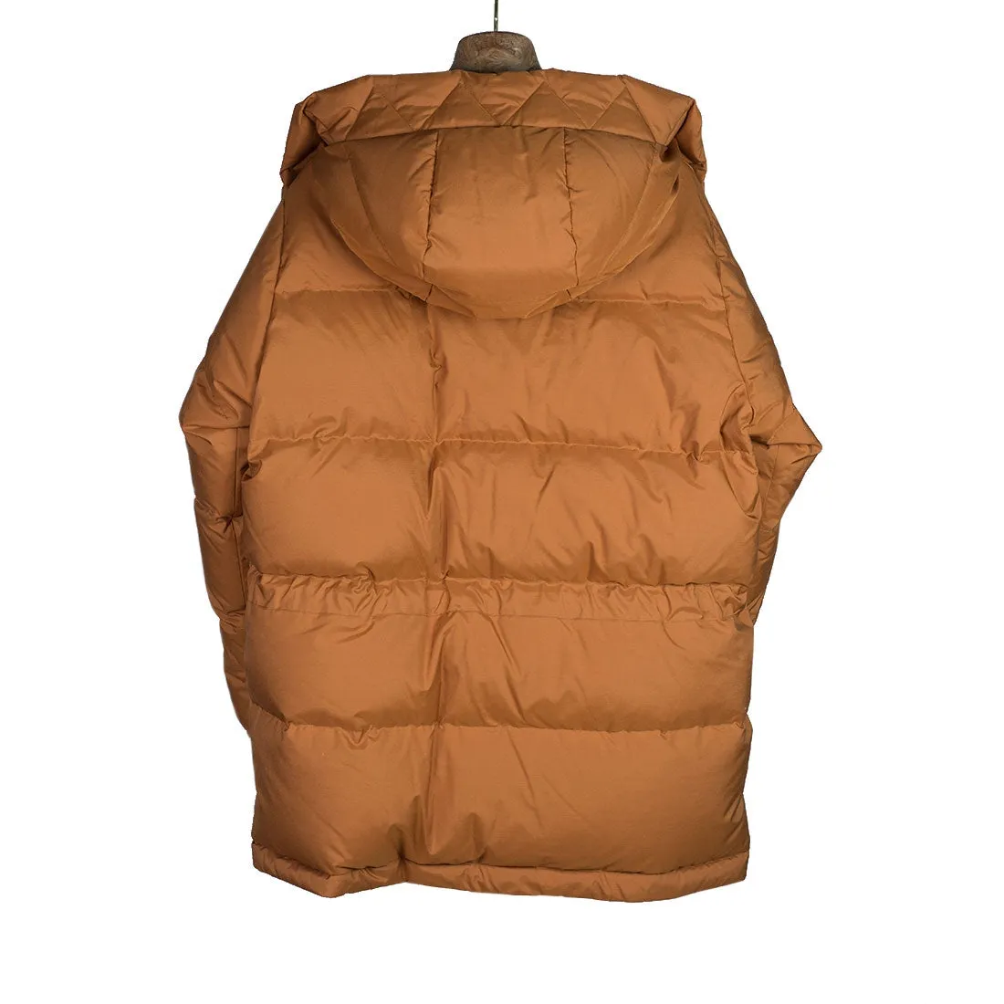 "Expedition Down Parka" in walnut orange