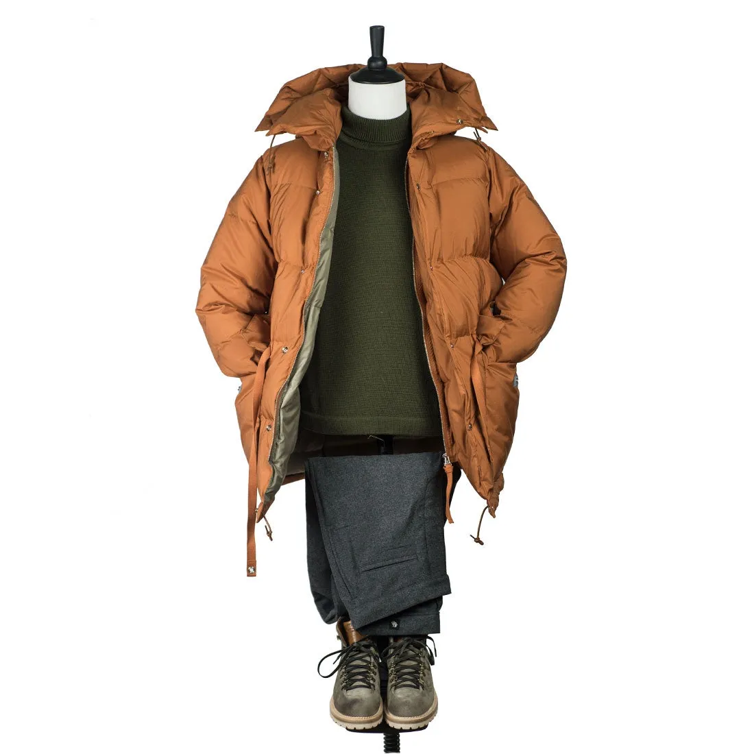 "Expedition Down Parka" in walnut orange