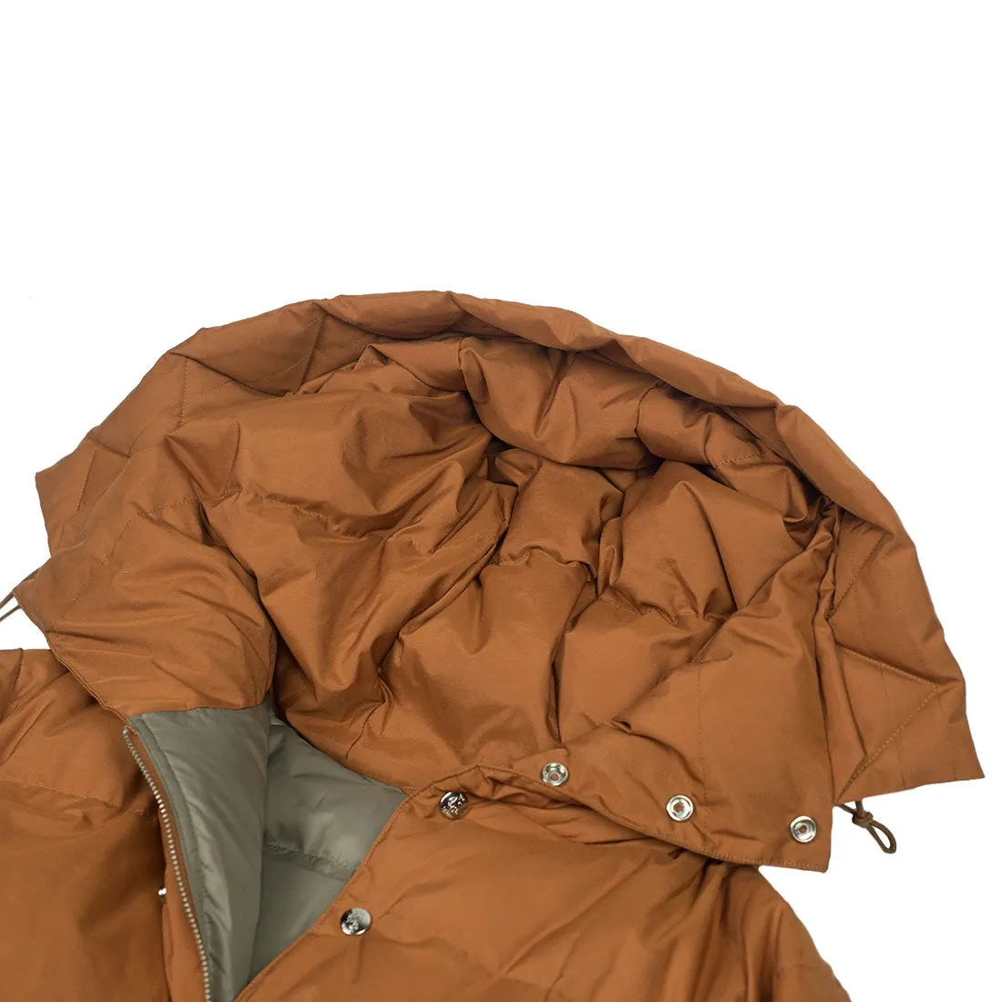 "Expedition Down Parka" in walnut orange