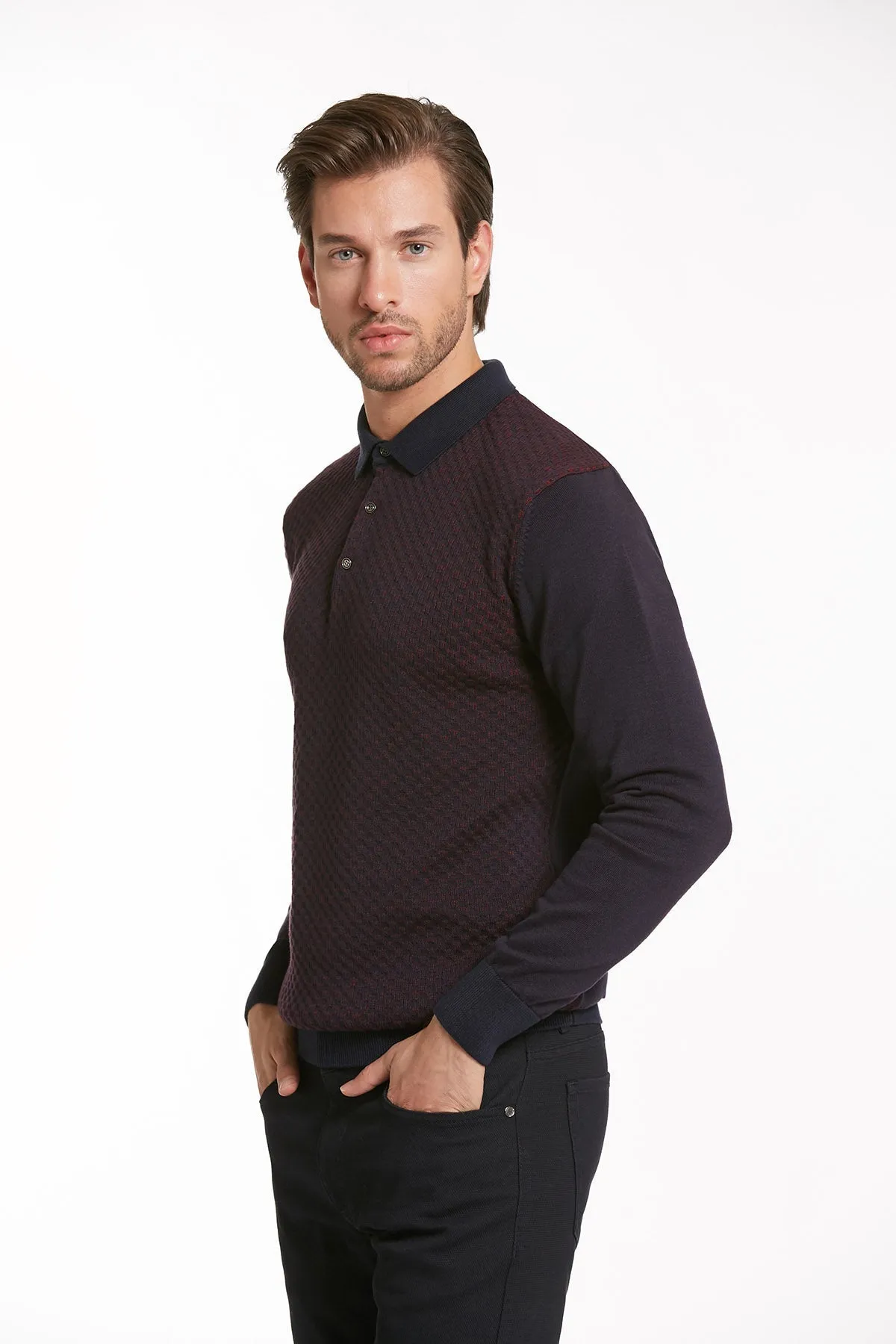 Regular Fit Cotton Blend Navy - Light Burgundy Polo Sweater