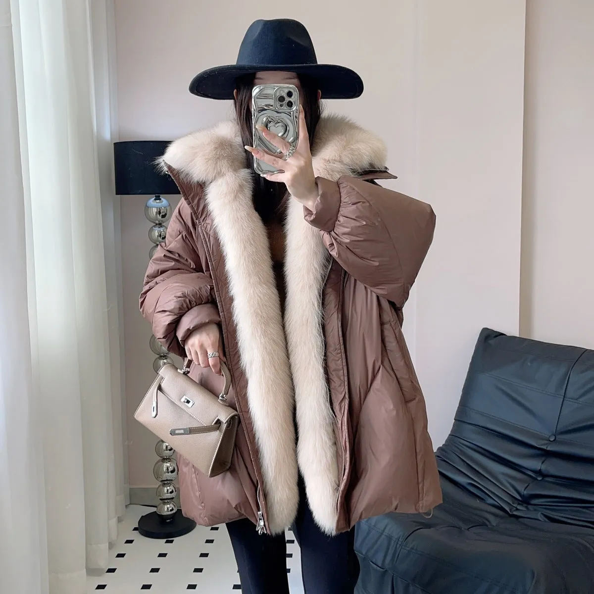 Removable fox fur collar loose wide version fur goose down jacket women's medium and long 2023 winter coat coat