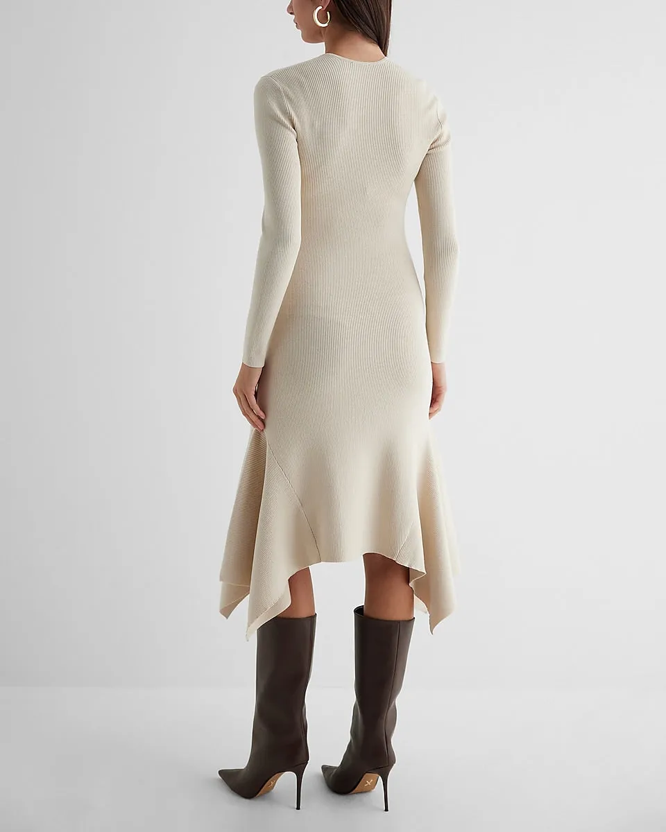 Ribbed Square Neck Asymmetrical Hem Midi Sweater Dress in Sandshell