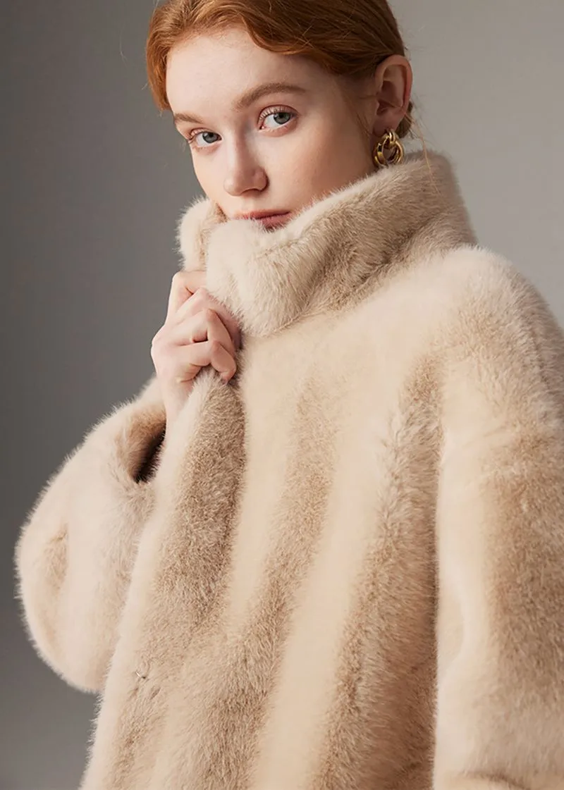 Stand Collar Faux Mink Fur Midi Thick Coat