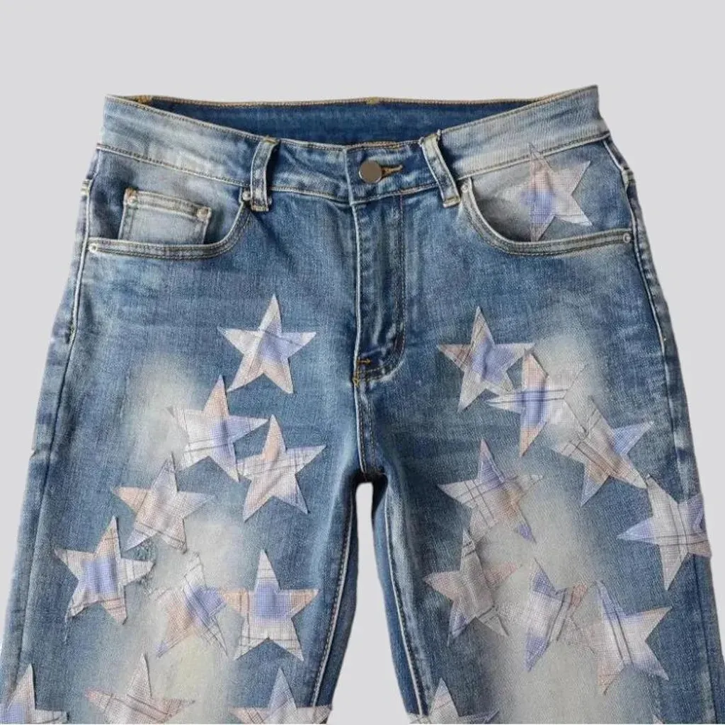 Stars-embroidery men's distressed jeans