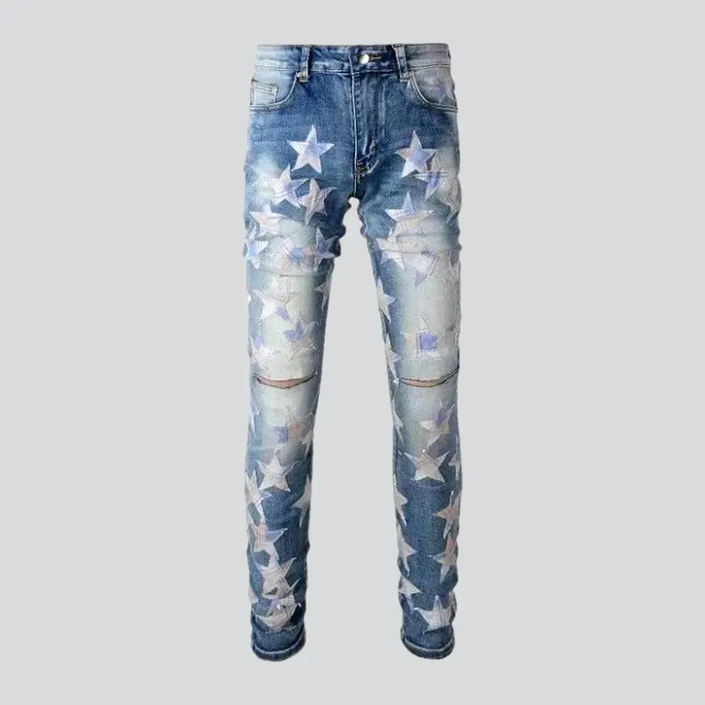 Stars-embroidery men's distressed jeans