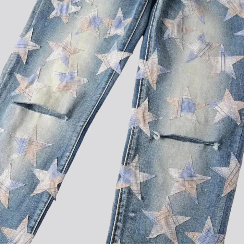 Stars-embroidery men's distressed jeans