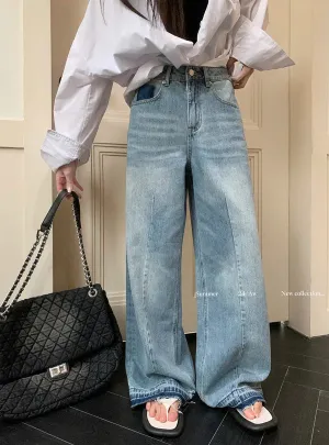 Streetwear Raw Hem Wide Leg Women Y2k Baggy Pants High Waist Straight Long Jeans