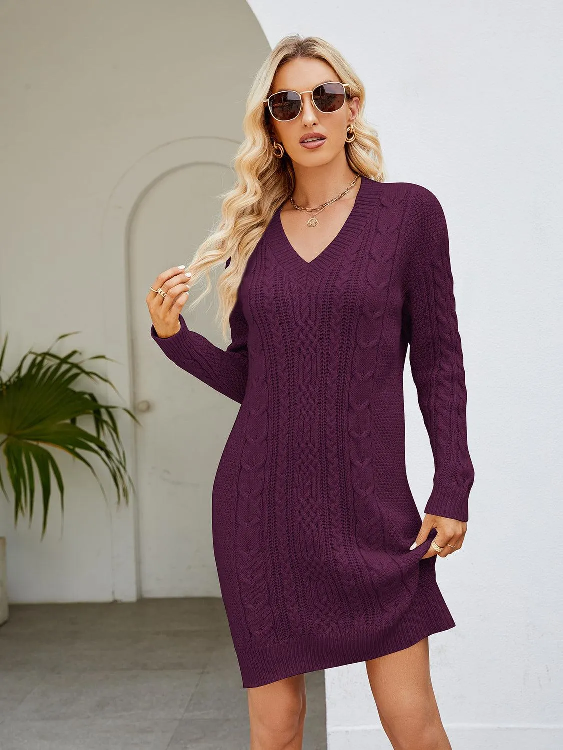 V-Neck Mini Sweater Dress