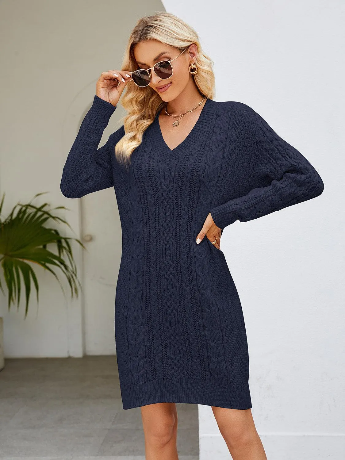 V-Neck Mini Sweater Dress