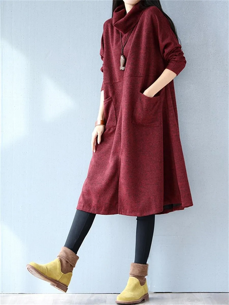 Warm High Neck Patch Pocket Women'S Knitted Dress