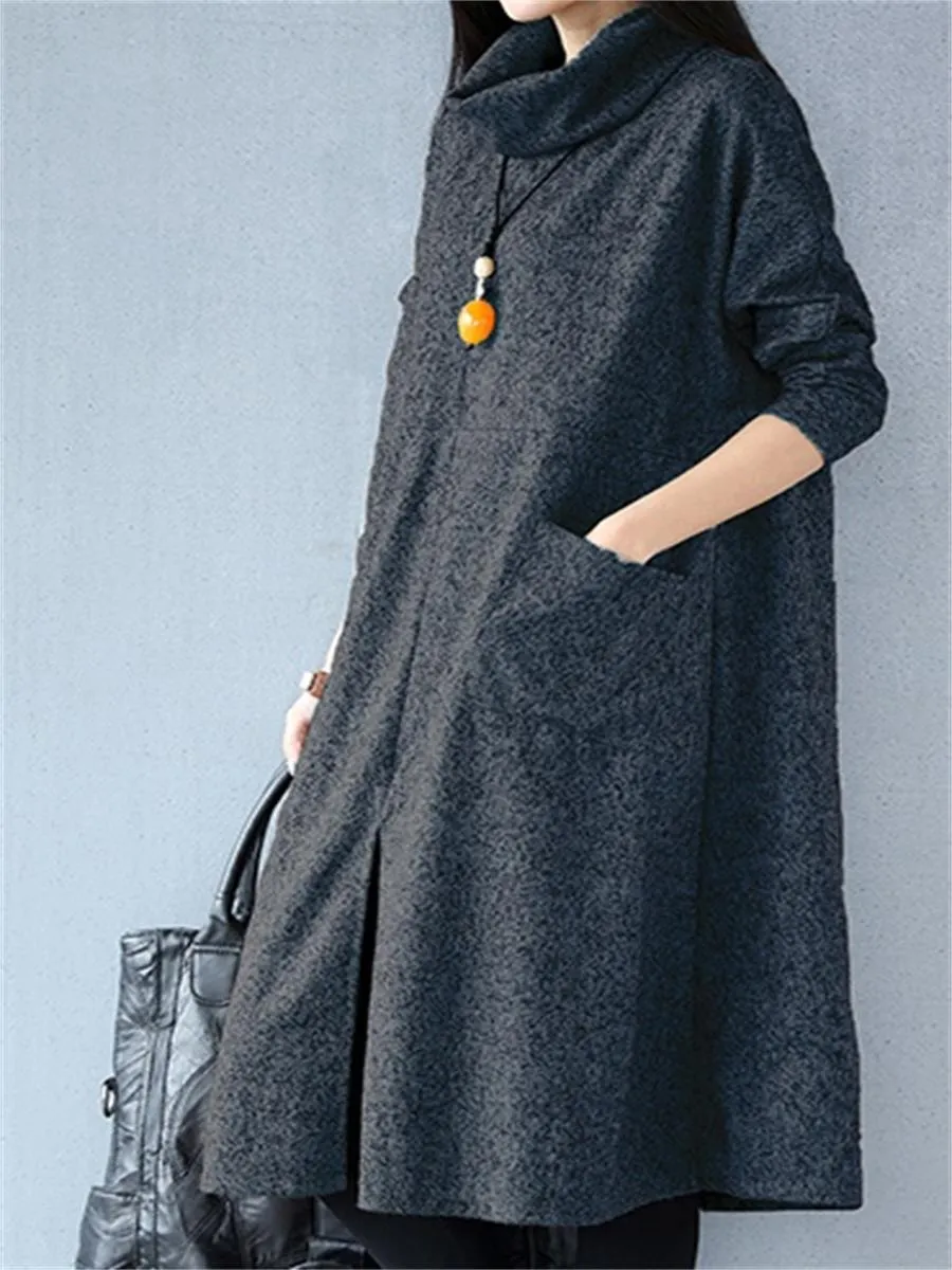 Warm High Neck Patch Pocket Women'S Knitted Dress