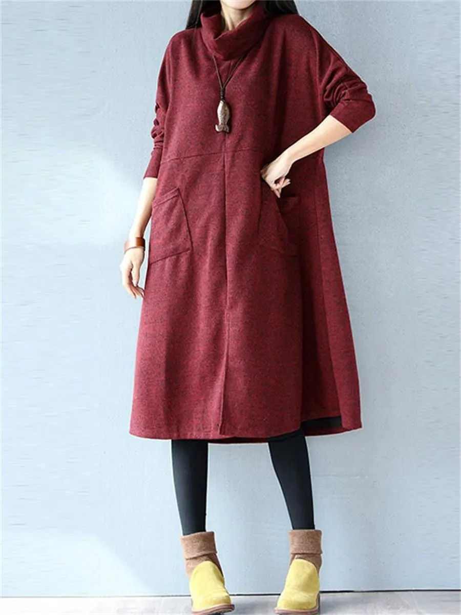 Warm High Neck Patch Pocket Women'S Knitted Dress