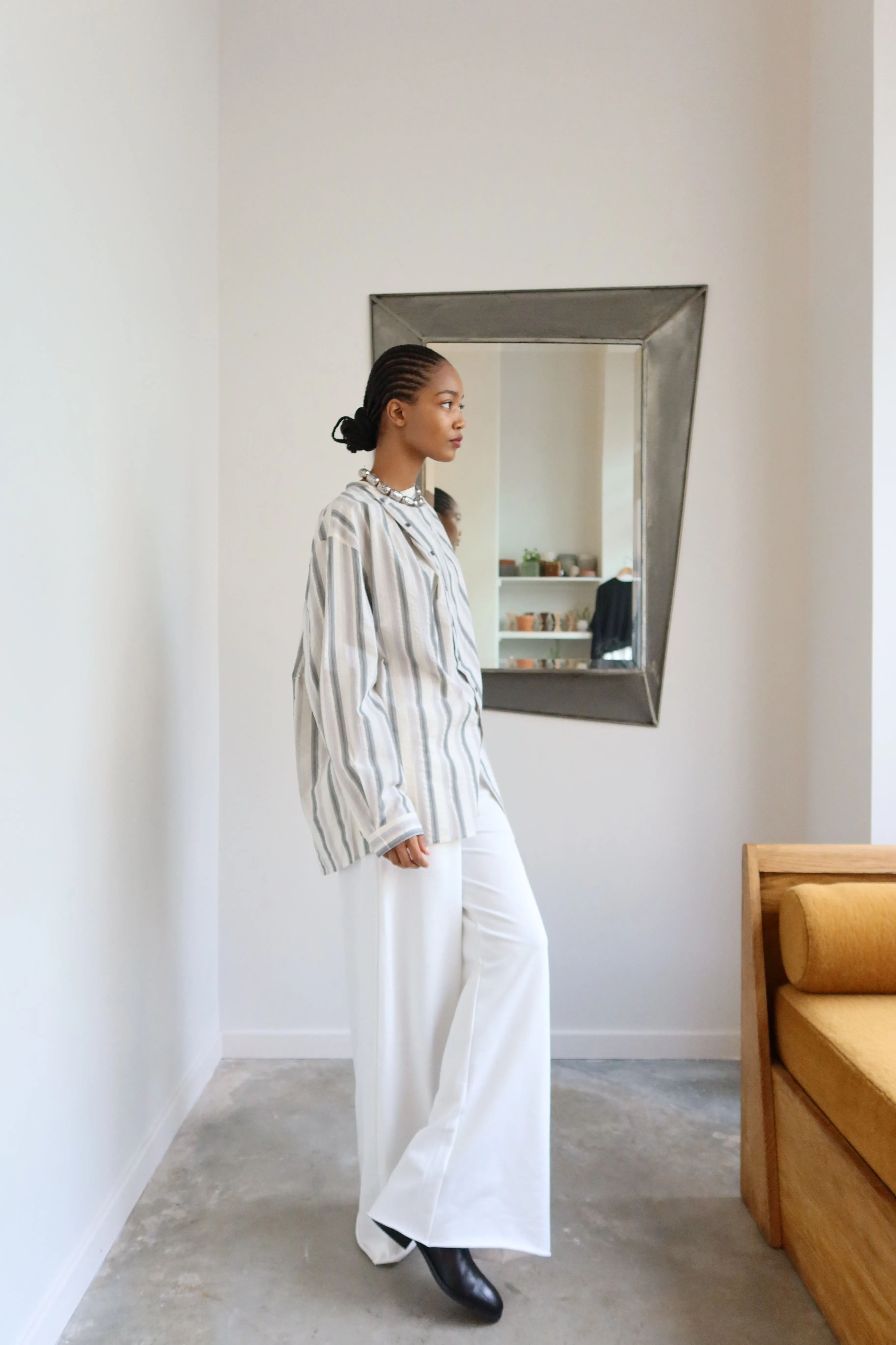 White Striped Asymmetrical Button Down Blouse