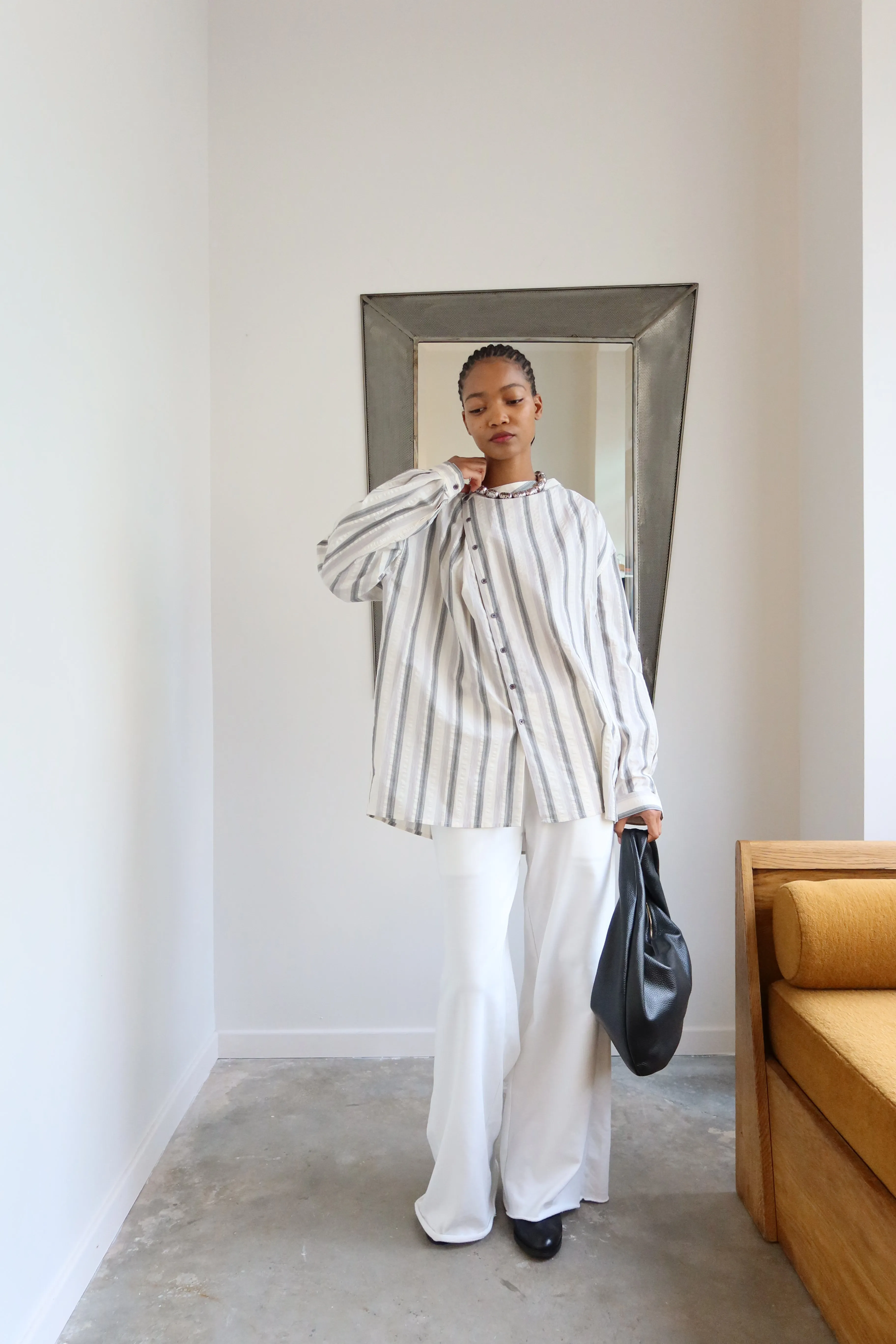 White Striped Asymmetrical Button Down Blouse