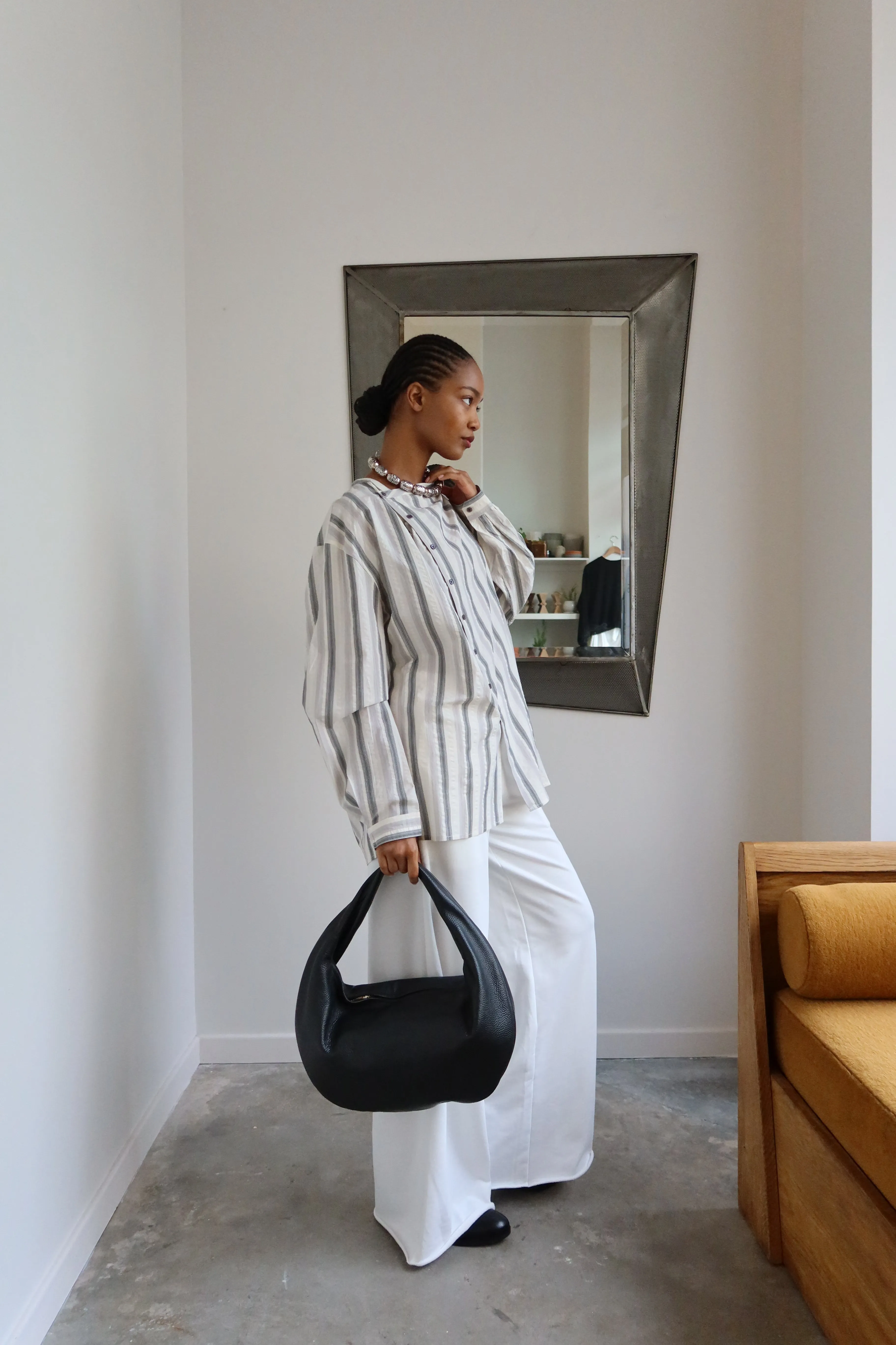 White Striped Asymmetrical Button Down Blouse