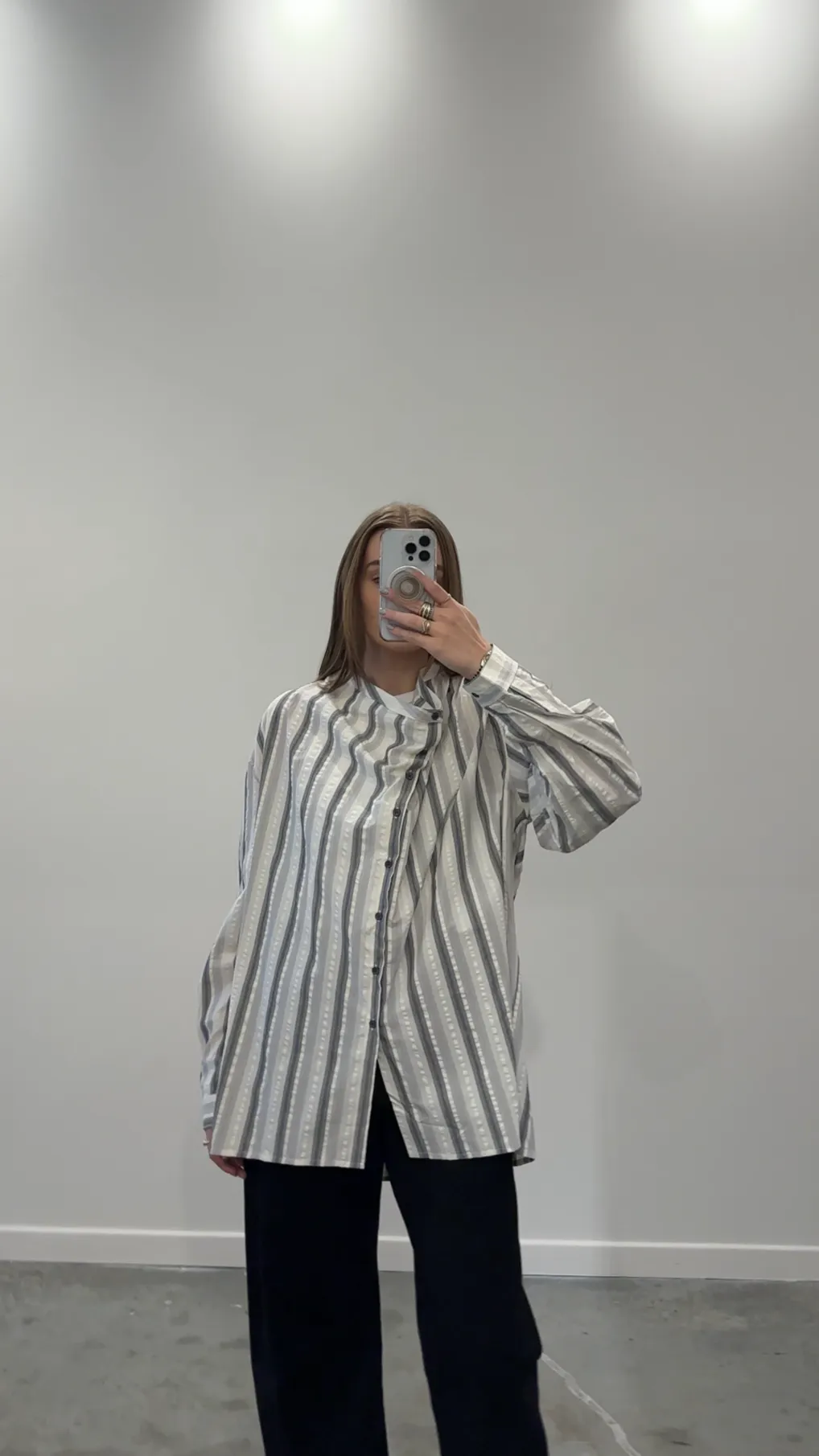 White Striped Asymmetrical Button Down Blouse