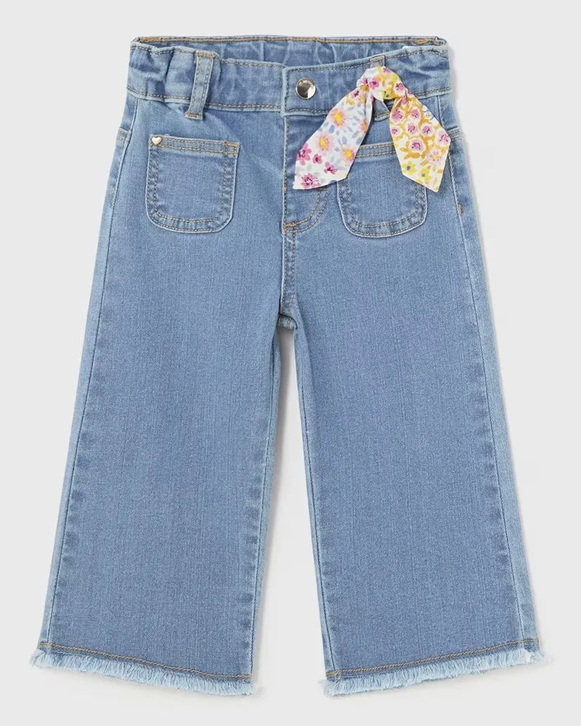 Wide Leg Denim Pants with Floral Tie