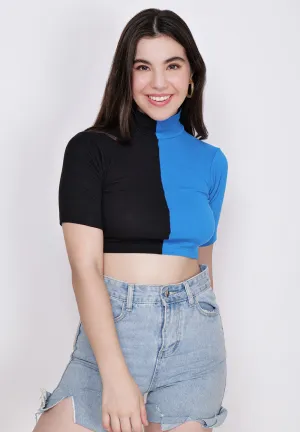 Women Blue & Black High Neck Fitted Crop Top