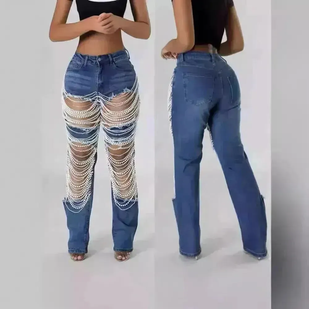 Women Creative Casual Ripped Denim Jeans  Straight Leg Pant Trouser