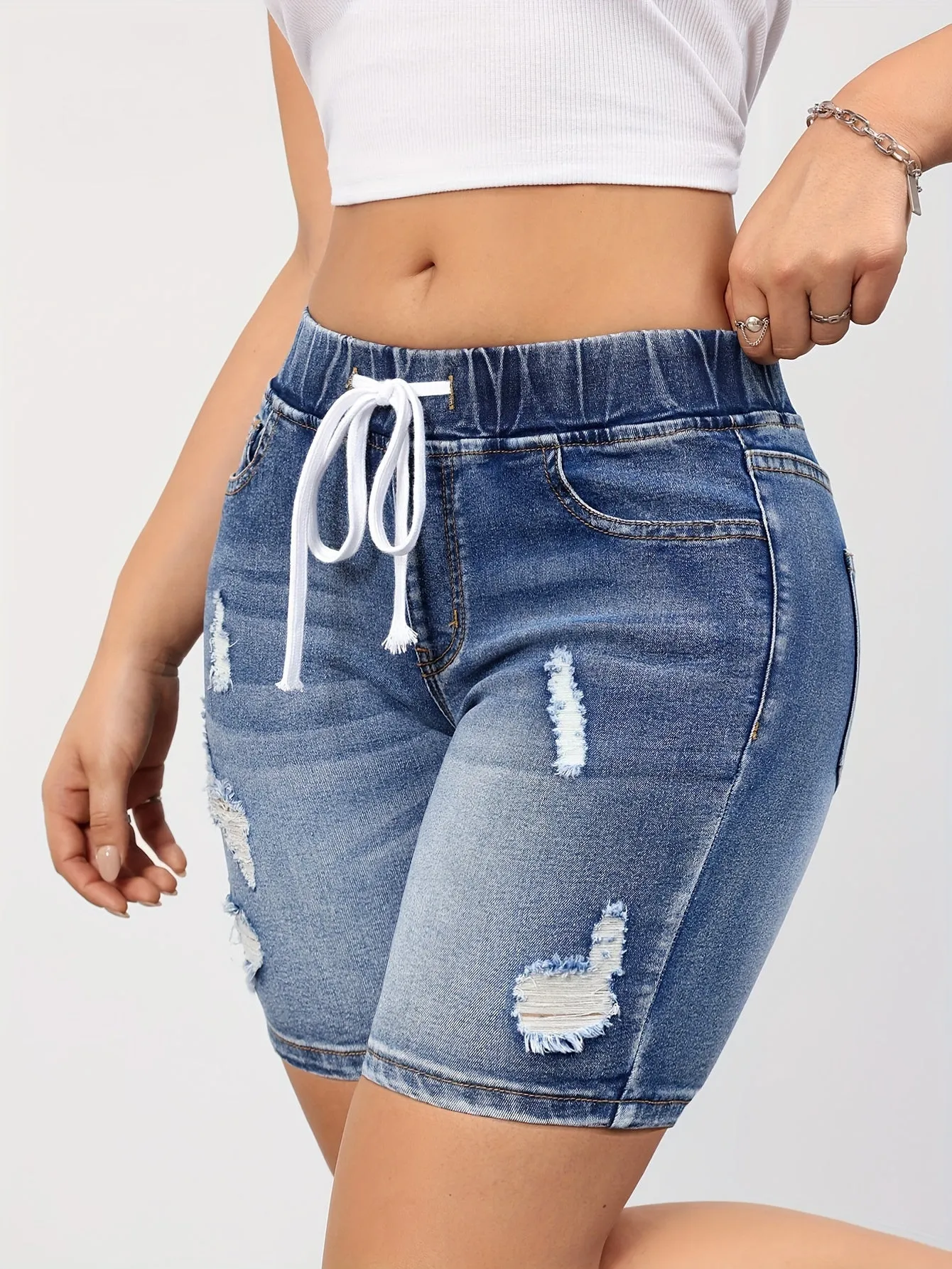 Women's Chic Ripped Denim Shorts - Comfortable Drawstring Waist, Casual Whiskered Detail, Versatile Pockets - Perfect for Everyday Wear