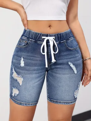 Women's Chic Ripped Denim Shorts - Comfortable Drawstring Waist, Casual Whiskered Detail, Versatile Pockets - Perfect for Everyday Wear