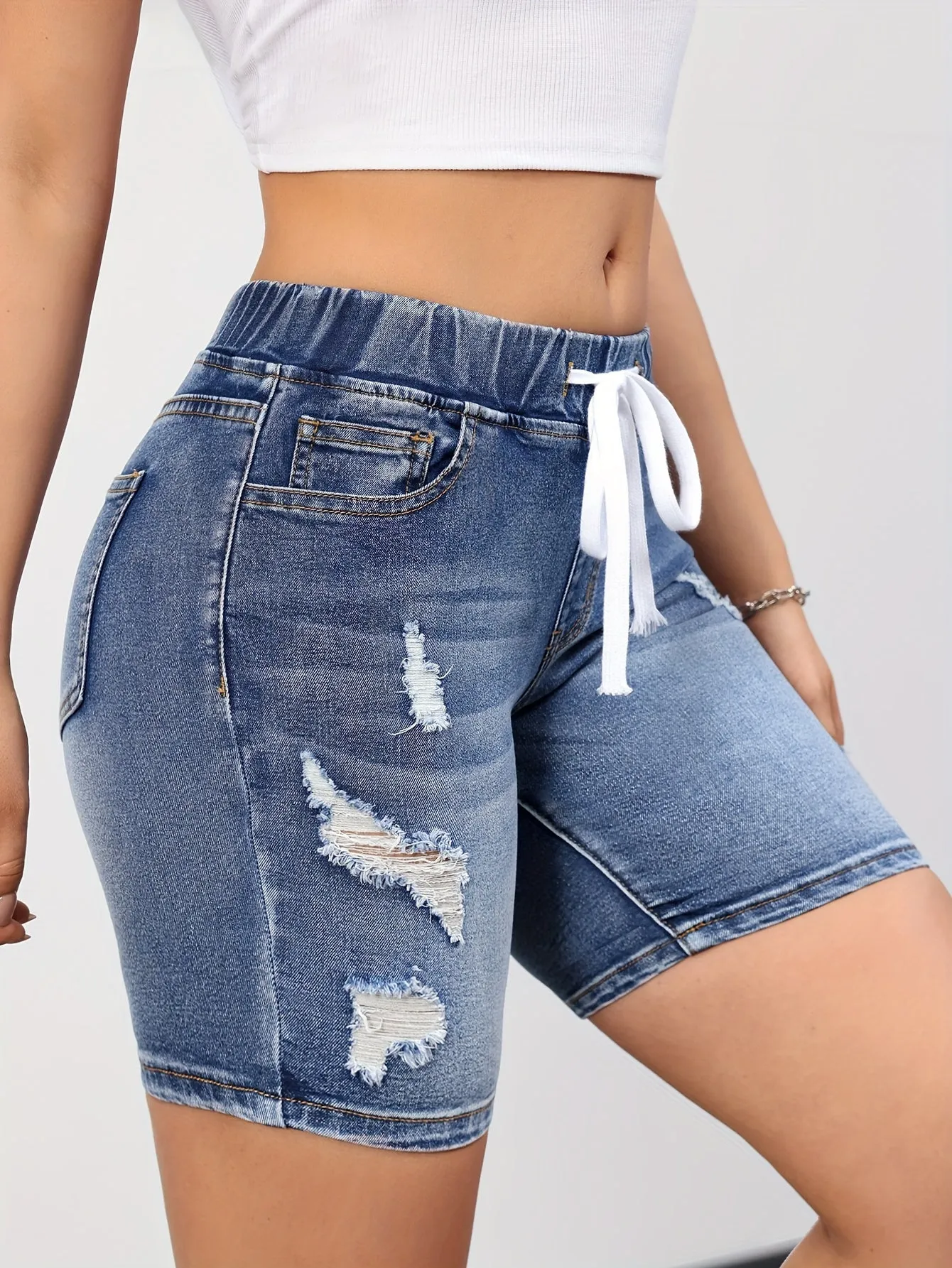 Women's Chic Ripped Denim Shorts - Comfortable Drawstring Waist, Casual Whiskered Detail, Versatile Pockets - Perfect for Everyday Wear