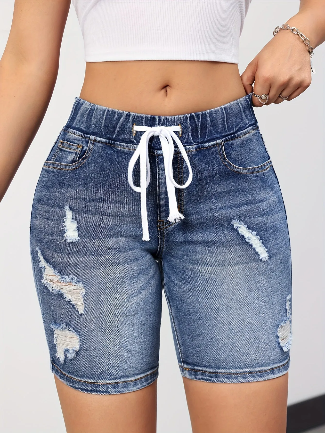 Women's Chic Ripped Denim Shorts - Comfortable Drawstring Waist, Casual Whiskered Detail, Versatile Pockets - Perfect for Everyday Wear