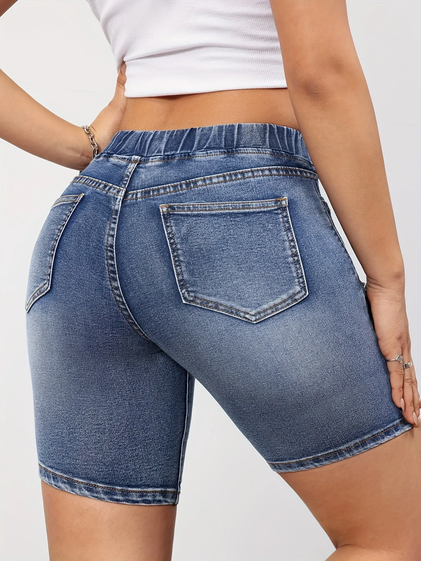 Women's Chic Ripped Denim Shorts - Comfortable Drawstring Waist, Casual Whiskered Detail, Versatile Pockets - Perfect for Everyday Wear