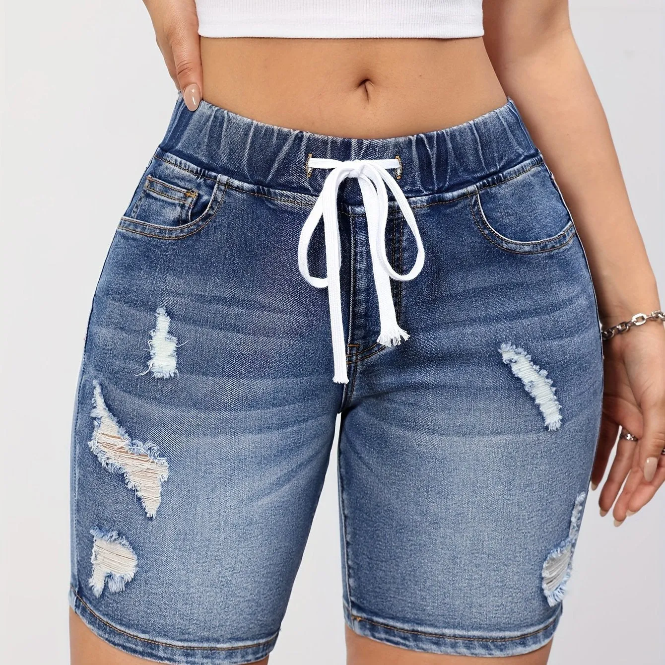 Women's Chic Ripped Denim Shorts - Comfortable Drawstring Waist, Casual Whiskered Detail, Versatile Pockets - Perfect for Everyday Wear