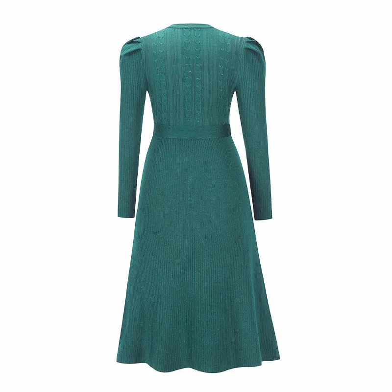 Women's Elegant Cable Knit Dress Crewneck Slim Fit Pullover with Belt Sweater Dress in D.Olive