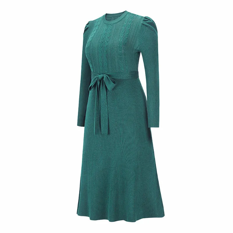 Women's Elegant Cable Knit Dress Crewneck Slim Fit Pullover with Belt Sweater Dress in D.Olive