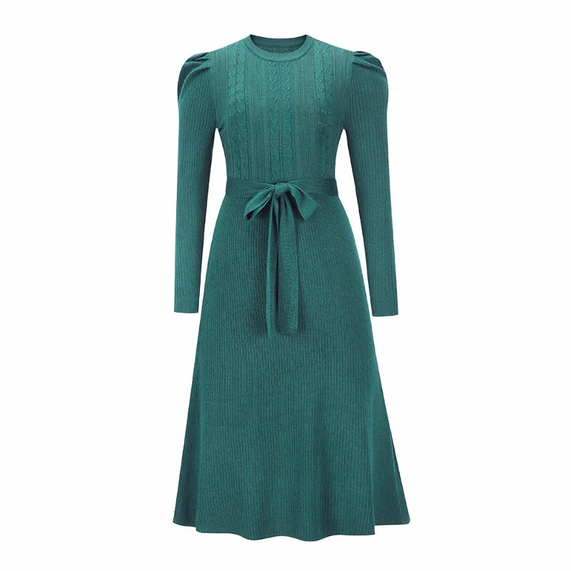 Women's Elegant Cable Knit Dress Crewneck Slim Fit Pullover with Belt Sweater Dress in D.Olive