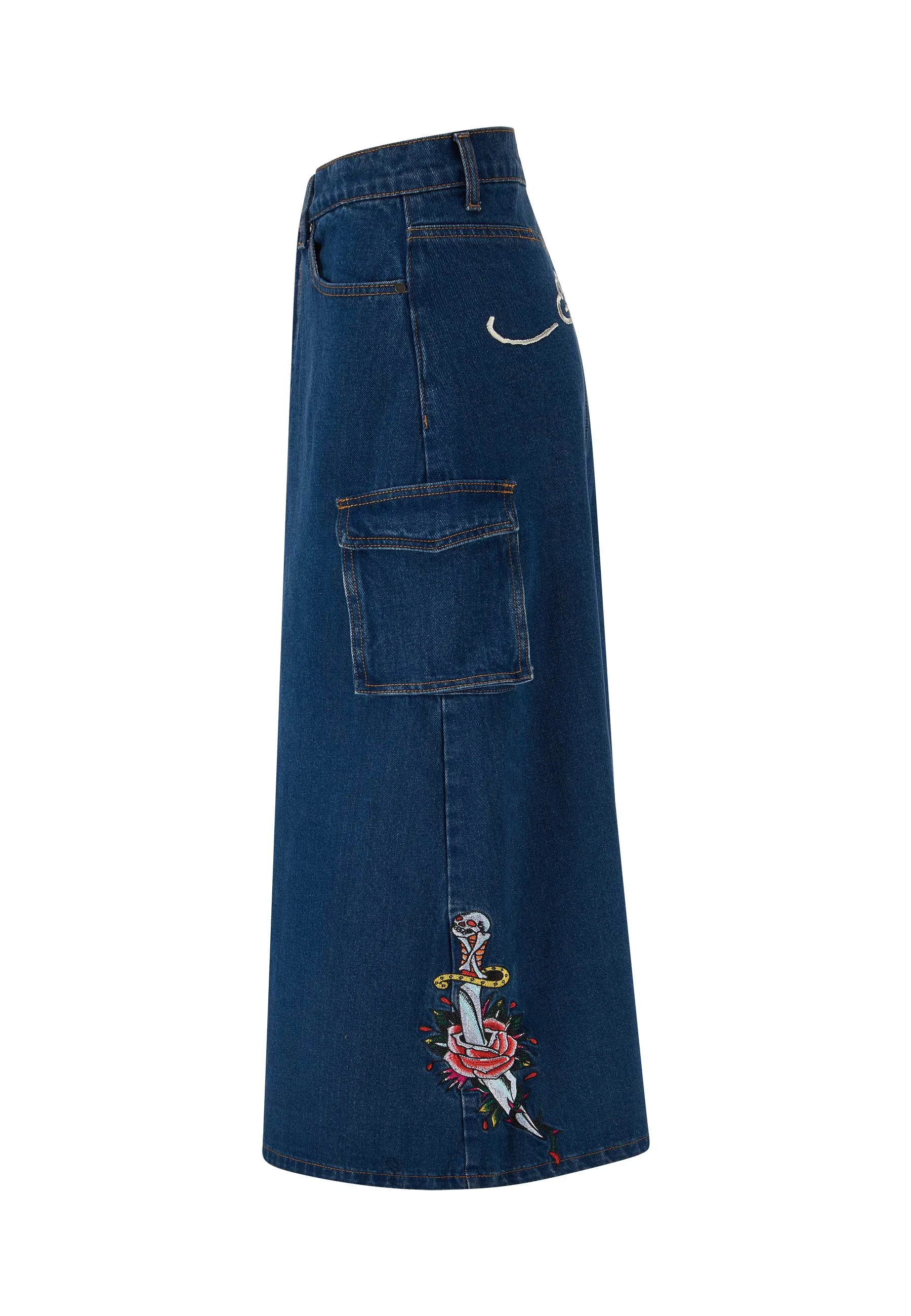 Womens Killer Rose Denim Midi Skirt - Blue